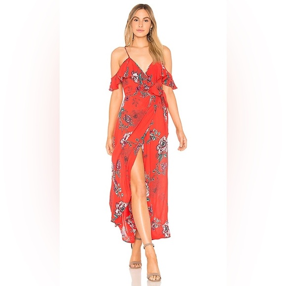 BAND OF GYPSIES | Black Floral Midi Off the Shoulder Faux Wrap Dress - Picture 14 of 14